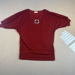 Jon & Anna Contemporary Top Womens Medium Short Sleeve Blouse Red Silver Accent